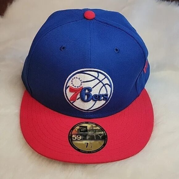NEW ERA 59FIFTY NeW 76ers Basketball Fan Activewear Blue Red Fitted Ball Cap 7.5